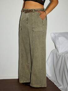 SHEIN ICON Plus Size Women Green Straight Leg Denim Jeans - Army Green - View 1
