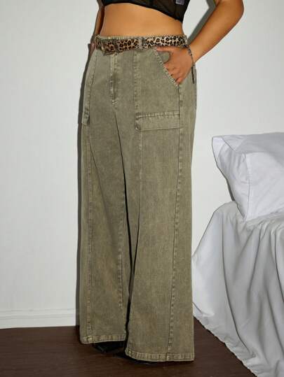 SHEIN ICON 大码女式绿色直筒牛仔裤