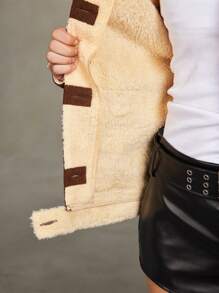 ROMWE Grunge Punk Vintage Corduroy & Faux Fur Patchwork Women Jacket, Autumn/Winter