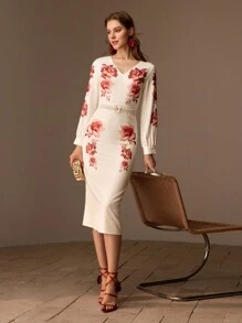 MOTF Vestido midi de corte slim con estampado floral, cuello en V y detalles de rhinestones, sin cinturón - Multicolor - Ver 1