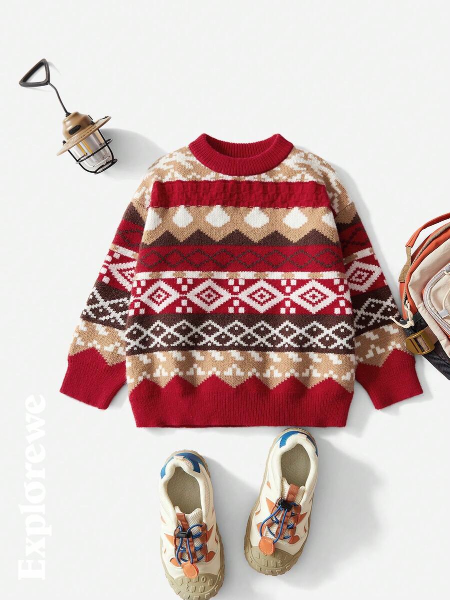 SHEIN Young Boy Casual Colorblock Geometric Jacquard Crew Neck Sweater, Autumn/Winter Fall - Red - View 1