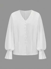 SHEIN Unity Women Elegant V-Neck Decorated Cuff Pleated Long Sleeve Blouse