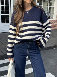INAWLY Women's Casual Dropped Shoulder Striped Sweater, Autumn/Winter