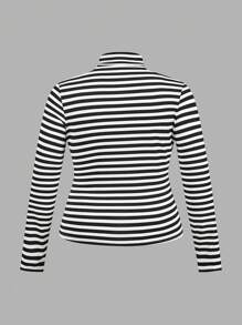SHEIN Essnce 4pcs/Set Women Plus Size Casual Striped Turtleneck Fitted Pullover Tops, Autumn/Winter