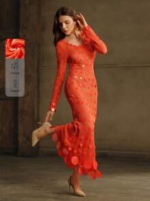 Anewsta Vestido de manga larga con crochet y lentejuelas rojas para mujer