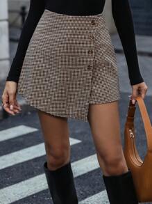 SHEIN Clasi Quần short cổ điển thanh lịch in họa tiết caro cài nút phía trước - Nhiều màu - Xem 5
