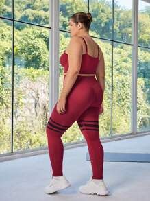 Easithlete Damen Große Größen Set aus einfarbigem Trägertop und gestreifter Leggings mit hoher Taille, nahtloser Trainingsanzug für den täglichen Workout im Fitnessstudio - Verschiedenfarbig - Übersicht 2