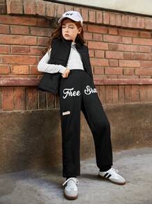 SHEIN Tween Girl Letter & Number Print Elastic Waist Casual Jogger Pants - Black - View 5