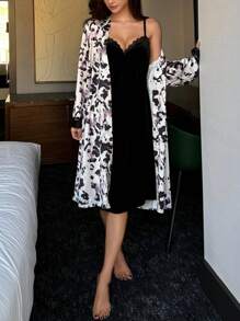 DAZY 2pcs Satin Leopard Print Pajama Set, Including Slip Nightgown And Robe - Black and White - View 4