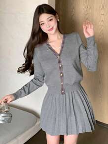 DAZY 女士新款条纹拼布前扣开衫和针织裙两件套，秋季女装女式毛衣 - 灰色 - 查看 8