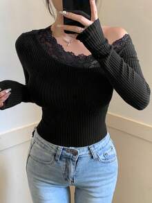 DAZY Áo thun nữ dài tay thêu ren mới thu đông thường ngày - màu đen - Xem 8
