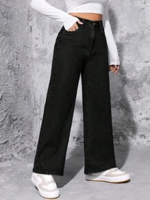 SHEIN PETITE 女士纯色口袋阔腿牛仔裤，秋冬时尚 - 黑色 - 查看 6