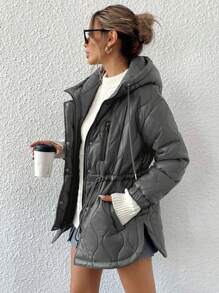 Aveloria Affinna Textured Wave Pattern Quilted Zip-Up Drawstring Casual Versatile Mid-Length Hooded Padded Padded Coat Clothes Winter  - Grey - View 1