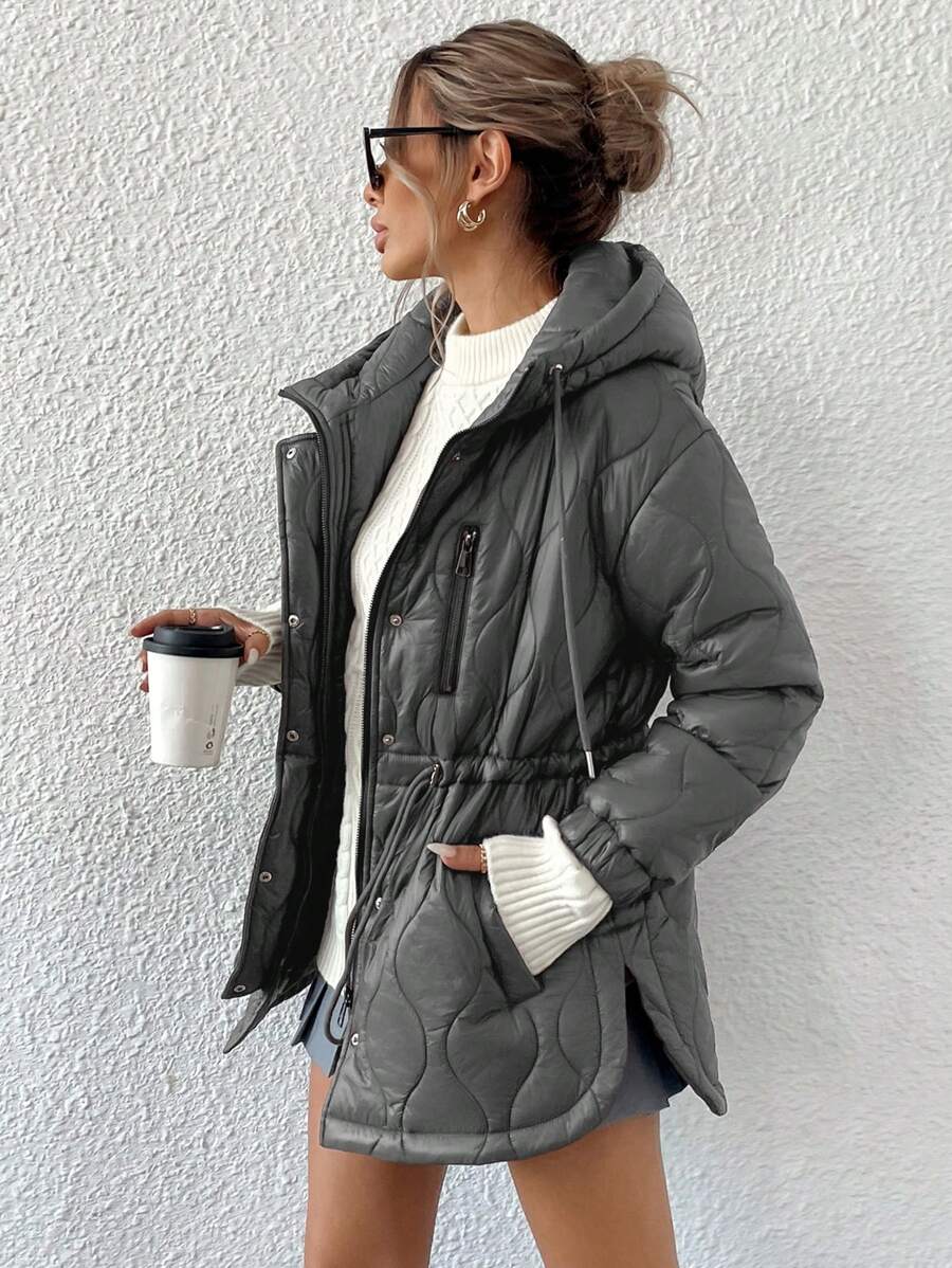 Aveloria Affinna Textured Wave Pattern Quilted Zip-Up Drawstring Casual Versatile Mid-Length Hooded Padded Padded Coat Clothes Winter  - Grey - View 1