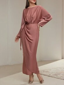 Veilorie فستان أكمام طويلة بخصر مربوط مموج لون سادة للنساء - وردي - مشاهدة 2