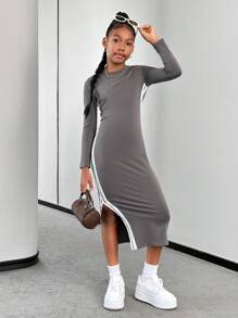 SHEIN Đầm suông cổ tròn tay dài xẻ tà phong cách cổ điển dành cho nữ sinh trung học - Xám - Xem 3