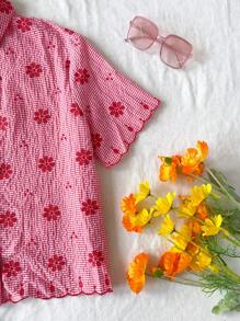 Soleia 女性夏季紅色格子花刺繡短袖襯衫和短褲套裝 - 紅色 - 查看 4