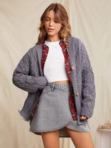 WESTFADE 春季粗针织 V 领长袖正面纽扣做旧长款开衫 - 淺灰紫 - 查看 3