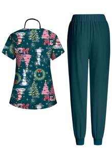 PopScrub Christmas Cartoon Snowman & Christmas Tree Print Nurse Scrub Uniform Set - White - View 2