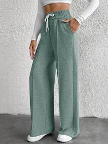 Cottnline Petite Drawstring Waist Wide Leg Pants - Mint Green - View 5