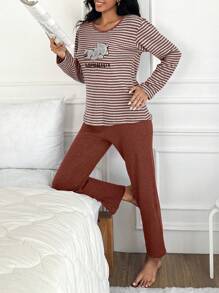 SHEIN Cottnline 100%Cotton Striped & Cartoon Graphic PJ Set - Coral Orange - View 4