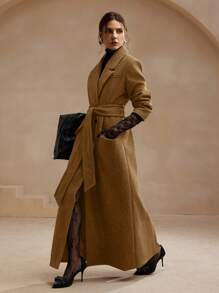 Anewsta 女士优雅现代棕色和芥末色系带中长款西装外套 - 摩卡棕 - 查看 4