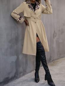 SHEIN Clasi Women's Floral Pattern Random Cut Collar Leopard Patchwork Waisted Midi Trench Coat Jacket Fall Cloth For Women - Khaki - View 5
