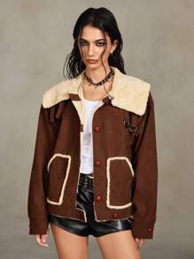 ROMWE Grunge Punk Vintage Corduroy & Faux Fur Patchwork Women Jacket, Autumn/Winter