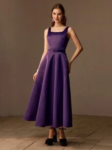 MOTF PREMIUM Vestido largo con falda acampanada y cinturón con hebilla maciza - Morado - Ver 5