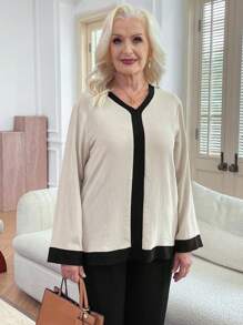 EMERY ROSE Blusa elegante de manga larga con cuello en V y bloqueo de color en tela texturizada