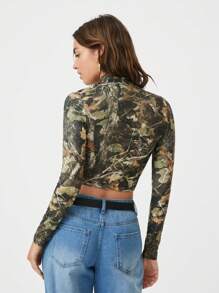 Easelle Áo thun dệt kim bó sát in họa tiết cổ đứng tay dài dành cho nữ, mặc thường ngày - xanh quân đội - Xem 2