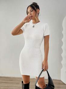 INAWLY Simple Sexy Textured Elastic Short Sleeve White Sweater Dress For Women, Autumn/Winter - White - View 6