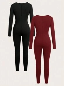 SHEIN SXY 2pcs Women Solid Color Crew Neck Long Sleeve T-Shirt & Skinny Jumpsuit Set, Casual - Burgundy - View 2