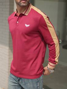 Manfinity Homme Áo thun polo in chữ và cánh phong cách thể thao thường ngày cho nam, đường may bên hông tương phản, dành cho mùa xuân và mùa thu - Đỏ - Xem 4