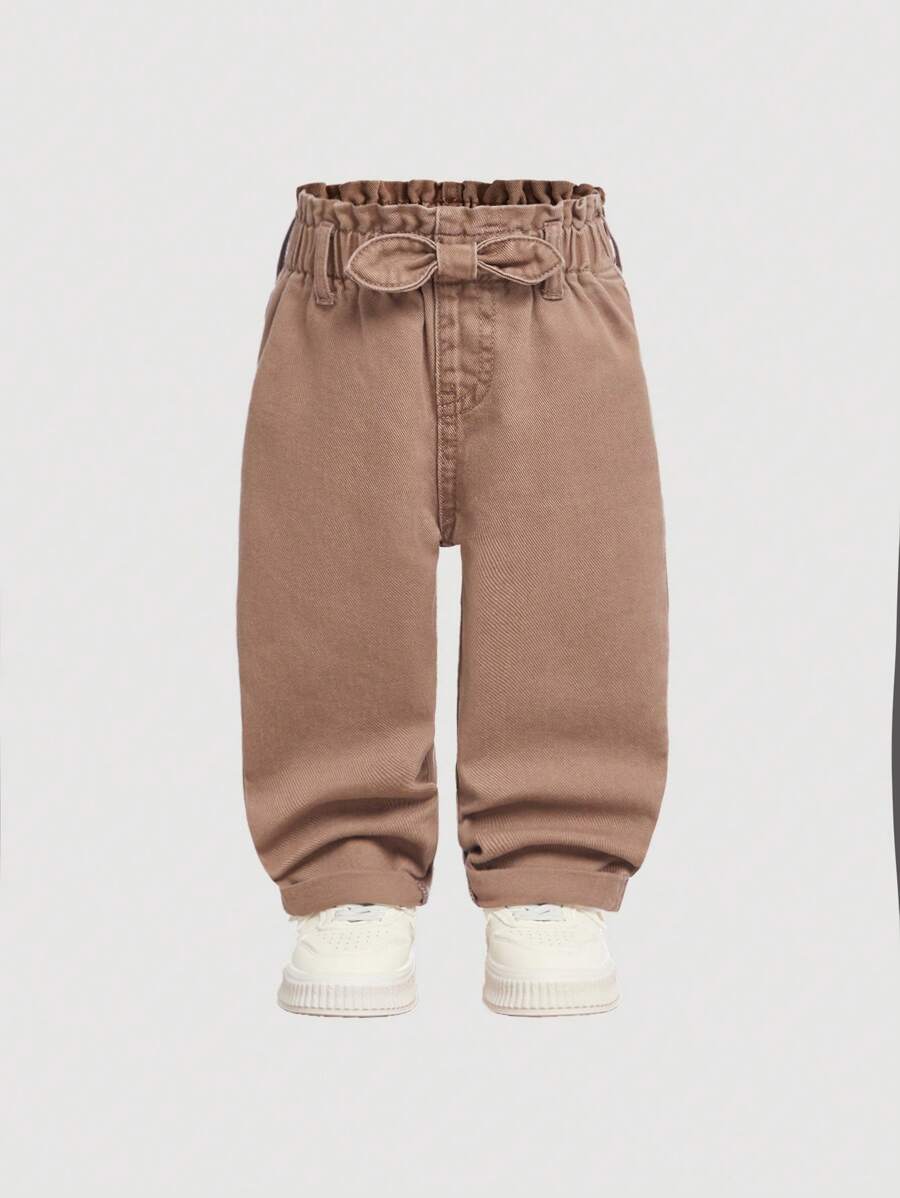 SHEIN Baby Girls/Toddler Bowknot Khaki Denim Wide Leg Plush Lined Pants - Khaki - View 1