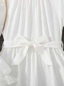 SHEIN Leap Crew Tween Girls' Woven Solid Color Jacquard Contrast Panel Stand Collar Fitted Elegant Dress - White - View 6