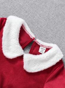 SHEIN Glamorique Kids Vestido rojo navideño para niña con cuello de felpa en contraste, malla en contraste, decoración de lazo, para invierno
