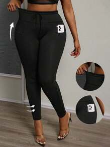 Slaydiva Plus Size Women's Solid Color Drawstring Waist Slim Fit Thermal Lined Casual Leggings - Black - View 8