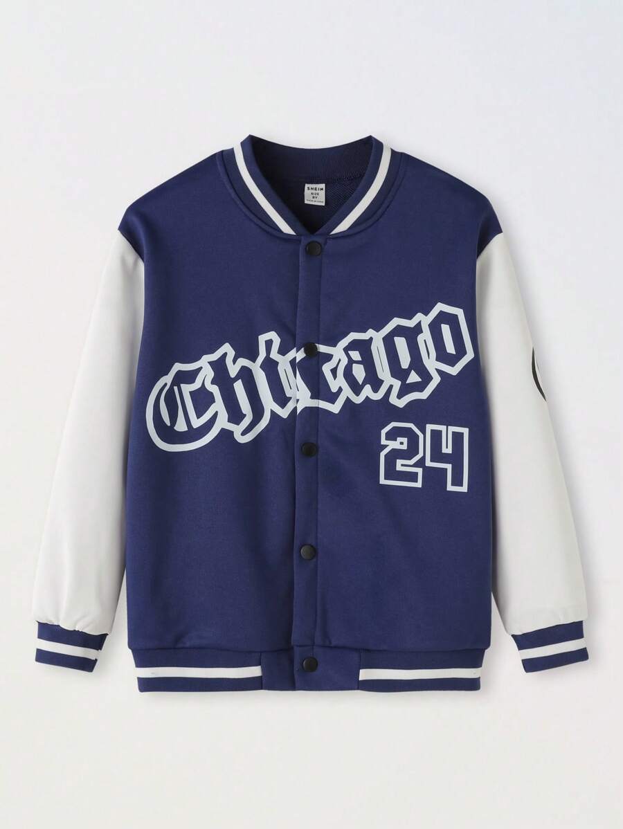 SHEIN 青少年男孩校队夹克学院风芝加哥印花黑白长袖外套 - 寶藍色 - 查看 1