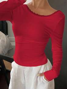 DAZY Women's Autumn Contrast Lace Backless Form-Fitting T-Shirt Top , Simple & Stylish,Halter Top Long Sleeve Women Tops,Fall Women Clothes - Red - View 4