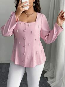 SHEIN Unity Plus Size Women Beaded Square Collar Fitted Blazer - Pink - View 6