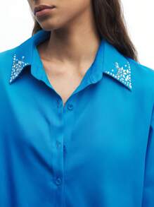 Maija Blusa elegante de manga larga con botones delanteros y adorno de strass de unicolor para mujer