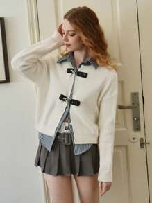 SHEIN MOD Women Knitted Cardigan,Retro Style Apricot Button Decor Coat,White And Black,Autumn,Elegant And Classy,School,Back-To-School,Urban Chic Casual Jacket - Apricot - View 3
