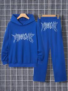 2pcs Teen Boys' Basic Casual Sports Style Long Sleeve Top And Pants Set - Royal Blue - View 1