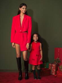 Maija Kids Maija Kids 年轻女孩宽松休闲连衣裙，带蝴蝶结装饰和荷叶边领 - 紅色 - 查看 2