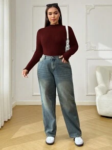SHEIN EZwear Blusa casual de talla grande para Día de San Valentín, de color liso, de manga larga, con volantes