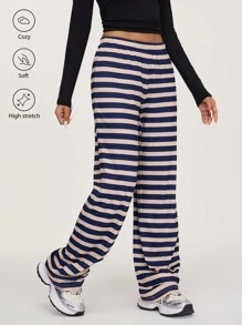 SHEIN BASICS 休闲条纹直筒宽松低腰女裤 - 彩色 - 查看 3