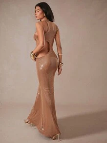 SHEIN Unity Disco Hollow Out Mock Neck Sleeveless Dress - Brown - View 4