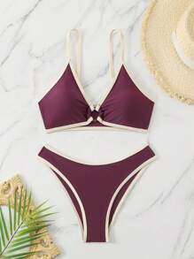 Conjunto de bikini tipo tankini de tirantes con aros de decoración de playa y vivos de color contrastante para el verano - Multicolor - Ver 7