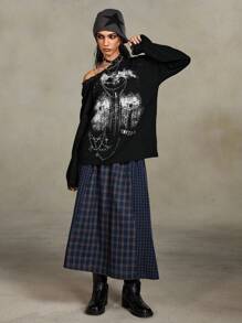 ROMWE Grunge Punk Y2K Cutout Shoulder Lace Trim Negative Space Denim Chain Print T-Shirt - Black - View 2